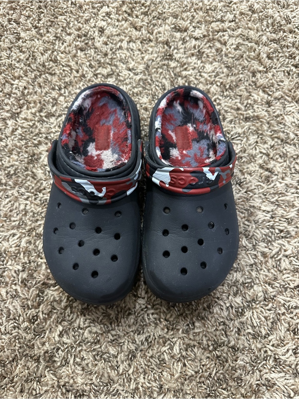 Kids Black Clog Shoes lined with Red Camo Lining